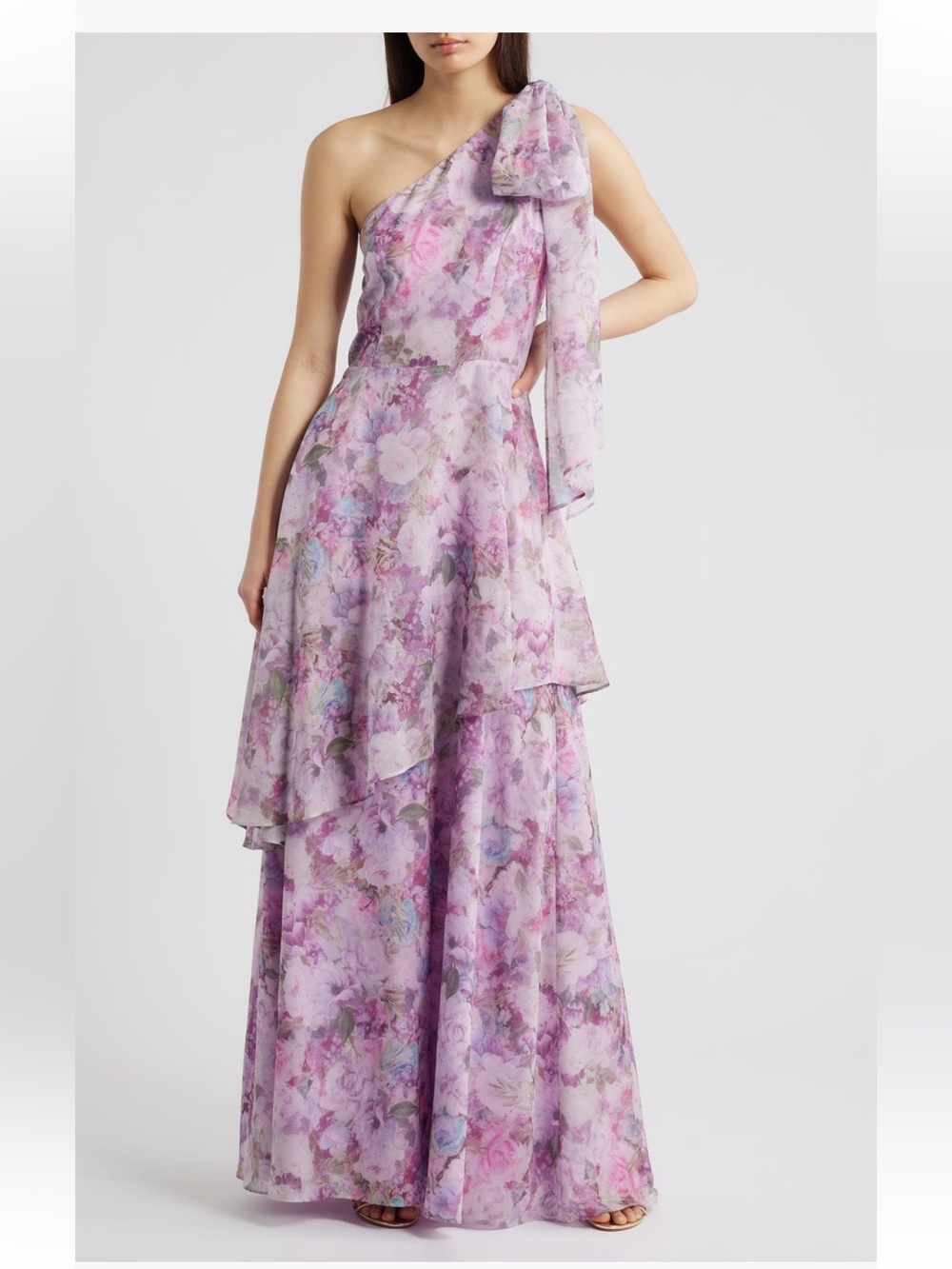 Lulu's Lavender & Blush Floral One-Shoulder Evening Dress